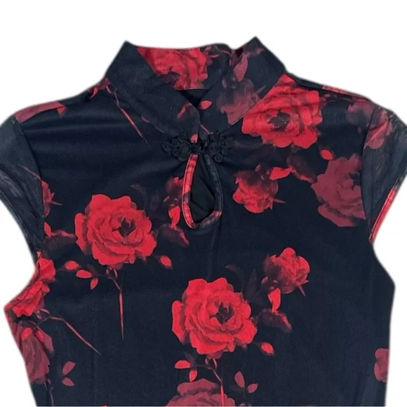 SHEIN Chinese Qipao Style Dress Black and Red Roses Size Extra Large - Picture 3 of 5
